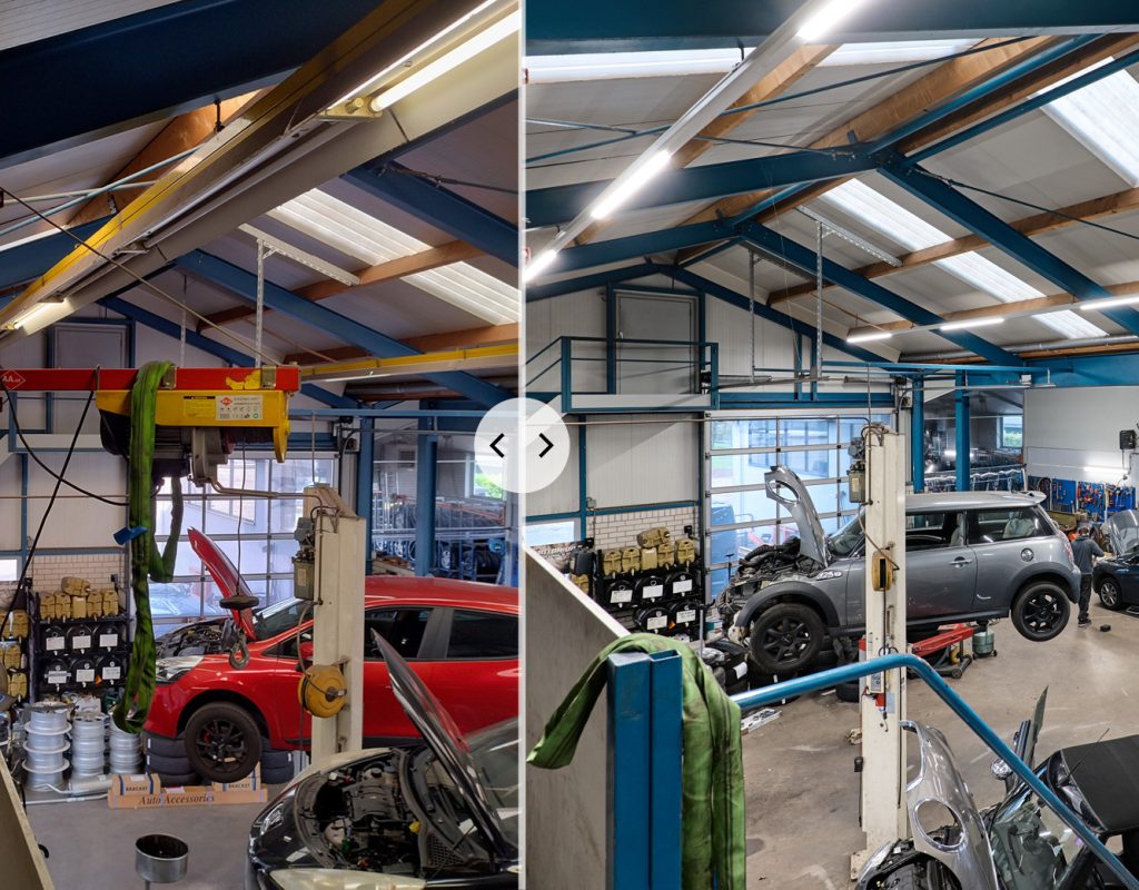De werkplaats voor en na de nieuwe LED-verlichting